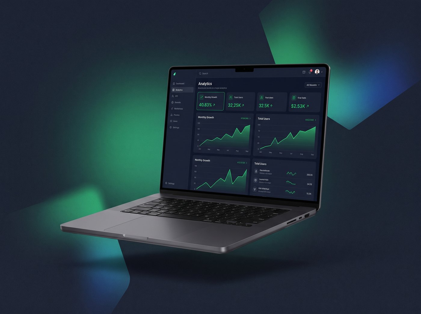Analytics dashboard on a laptop showing growth charts
